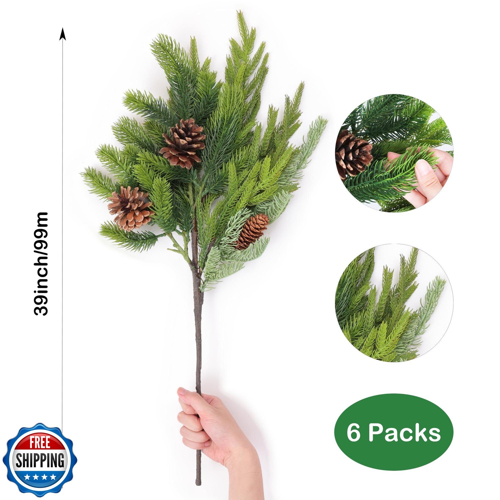 6PCS Pine Branches with Big Pine Cones, 28” Artificial Norfolk Cypress Cedar
