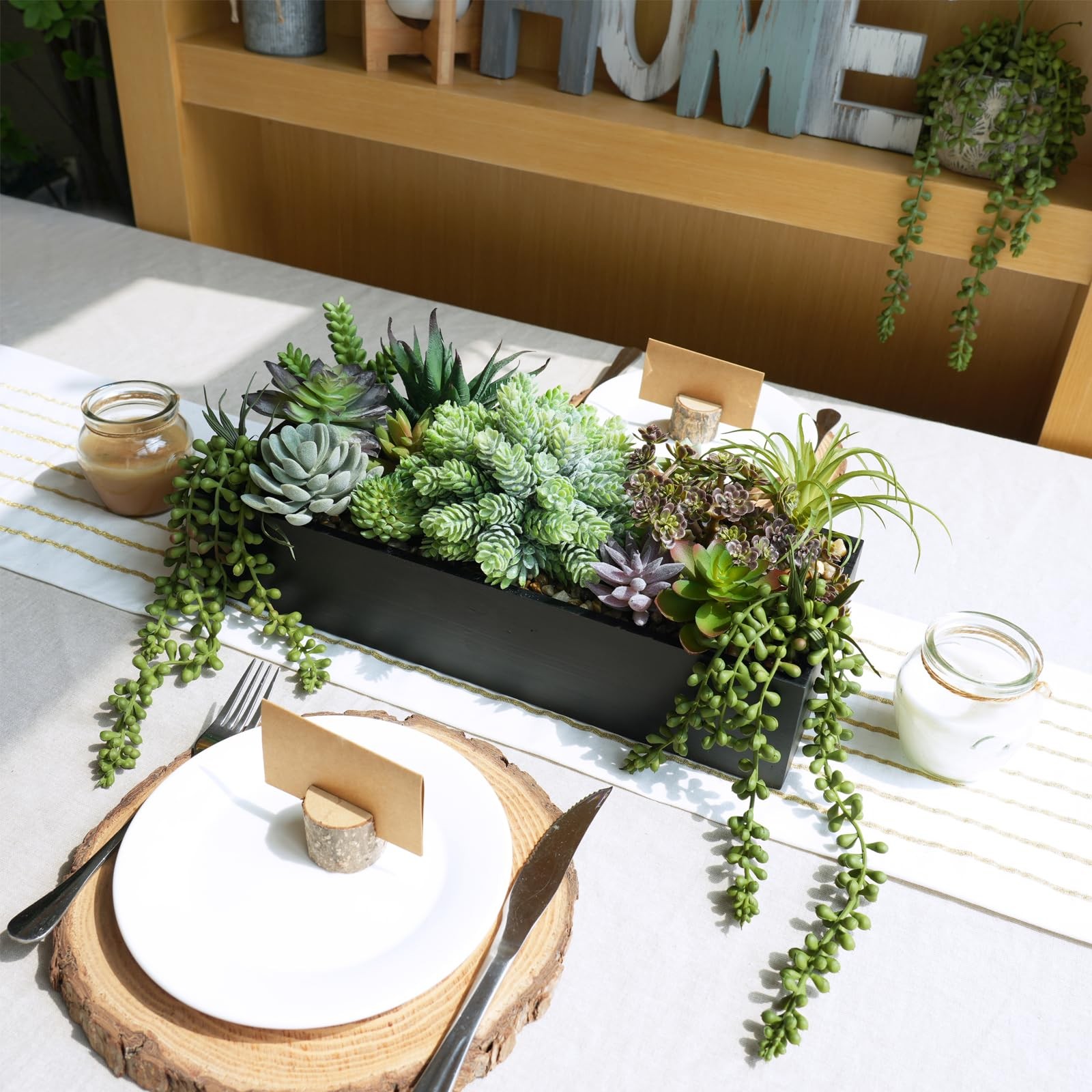 15″ Artificial Succulent Arrangement Faux Succulents in Rustic Black Rectangu…