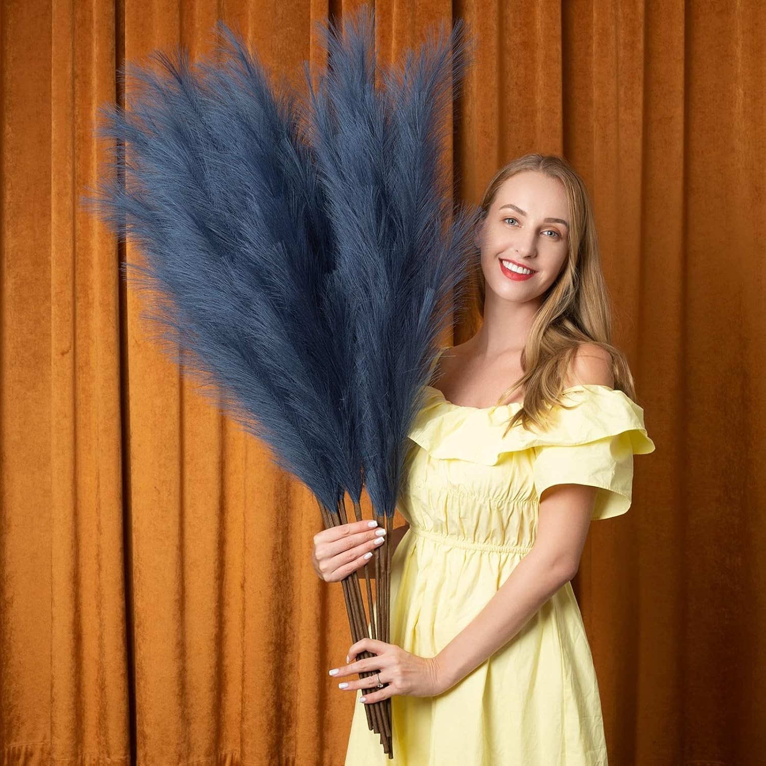 Extra Large Faux Pampas Grass Stems – 43 Inch in Elegant Blue for Home Decor