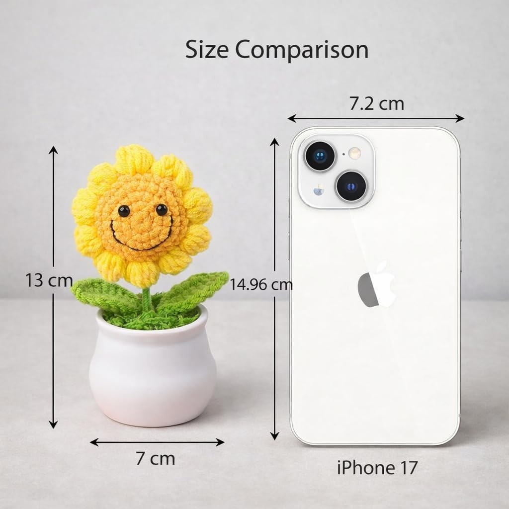 13CM Handmade Crochet Smiling Flower Pot Yellow | Cute Desk Décor Showpiece |