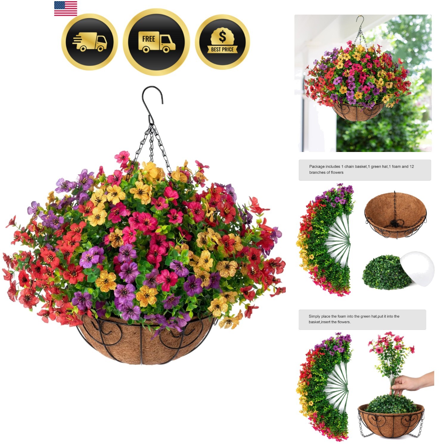 Artificial Faux Hanging Plants Flowers Basket for Summer Outdoor Outside Deco…