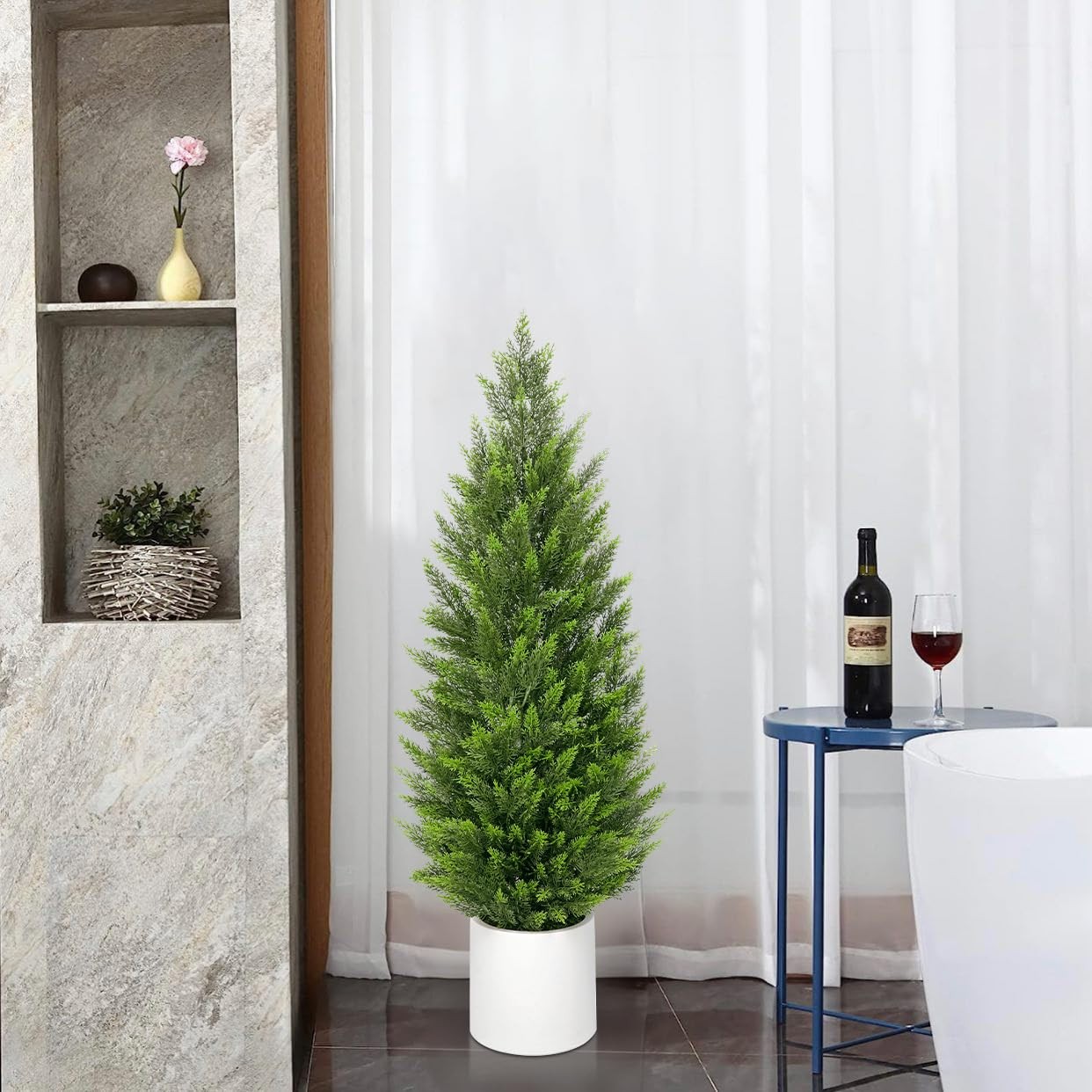 4ft Artificial Cedar Topiary Trees, Set of 2 Realistic Faux Cypress Outdoor P…