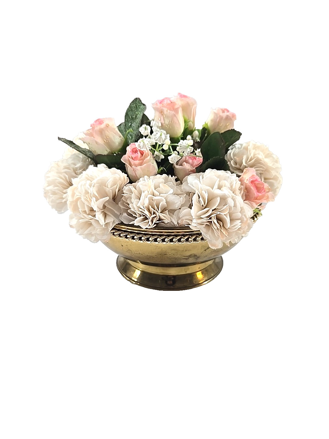 Vintage Silk Floral Arrangement in Footed Brass Planter Pot England 7″