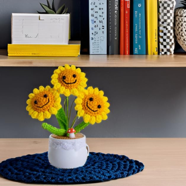Finish Mini Crochet Flowers, Smiley Sunflowers, Crochet Sunflowers, Table