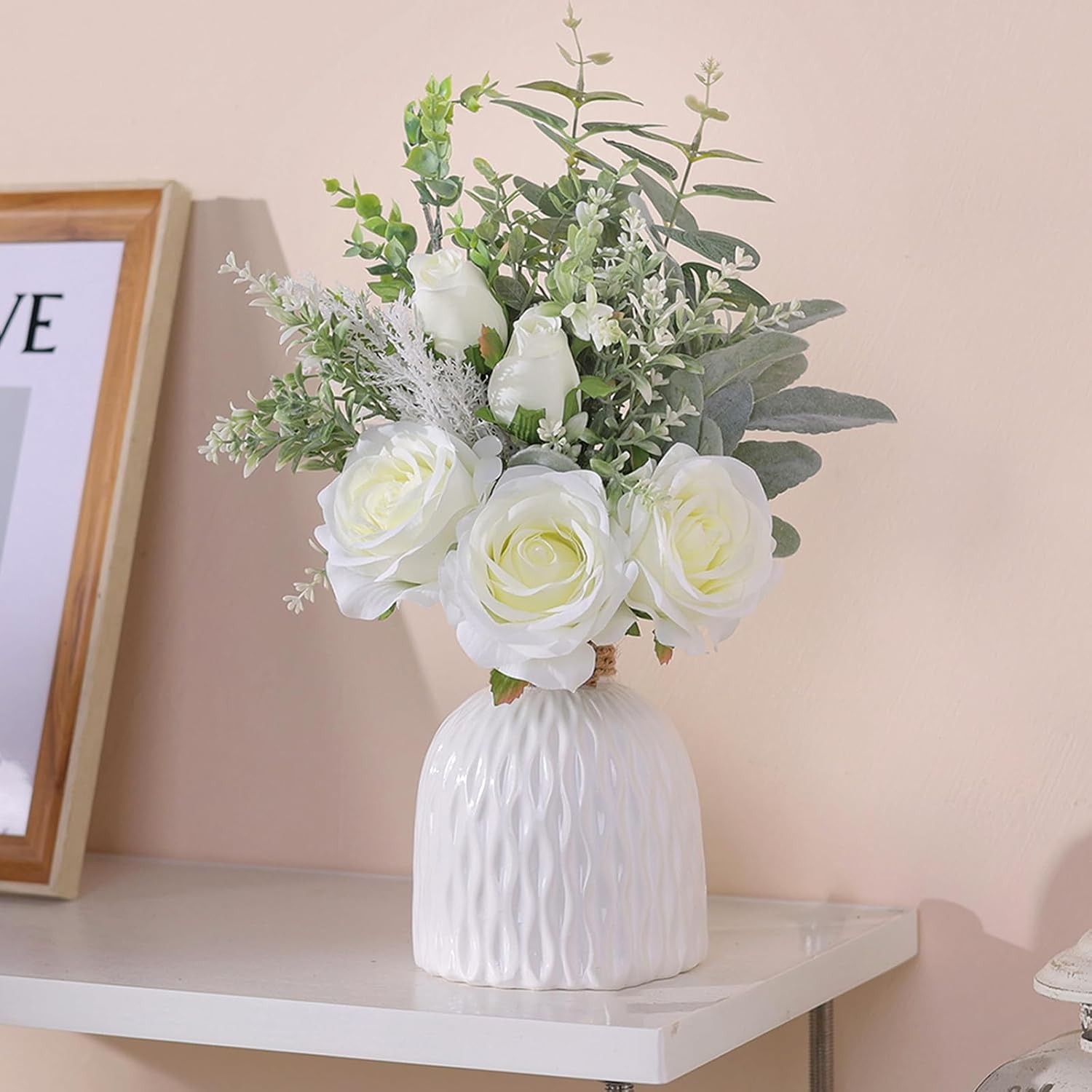 Artificial Flowers with Ceramic Vase,Faux Silk Roses and Fake Plant Eucalyptus