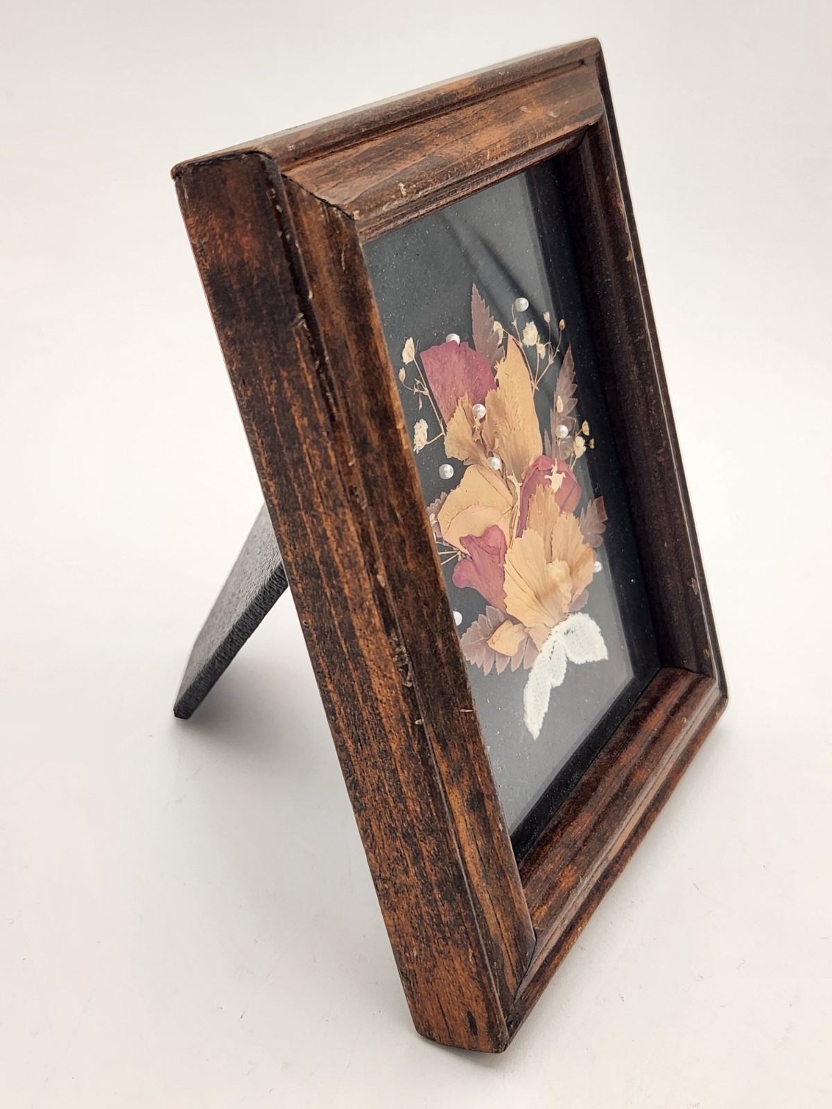 VTG Leonard Creations California Pressed Dries Flowers Wooden Frame Beads Lace