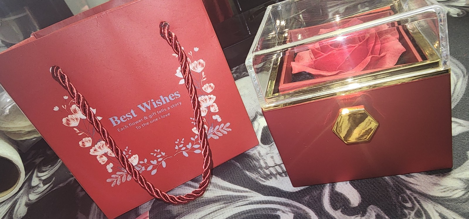 Artificial Red Rose in Clear Display Box w/ Best Wishes Gift Bag & Card