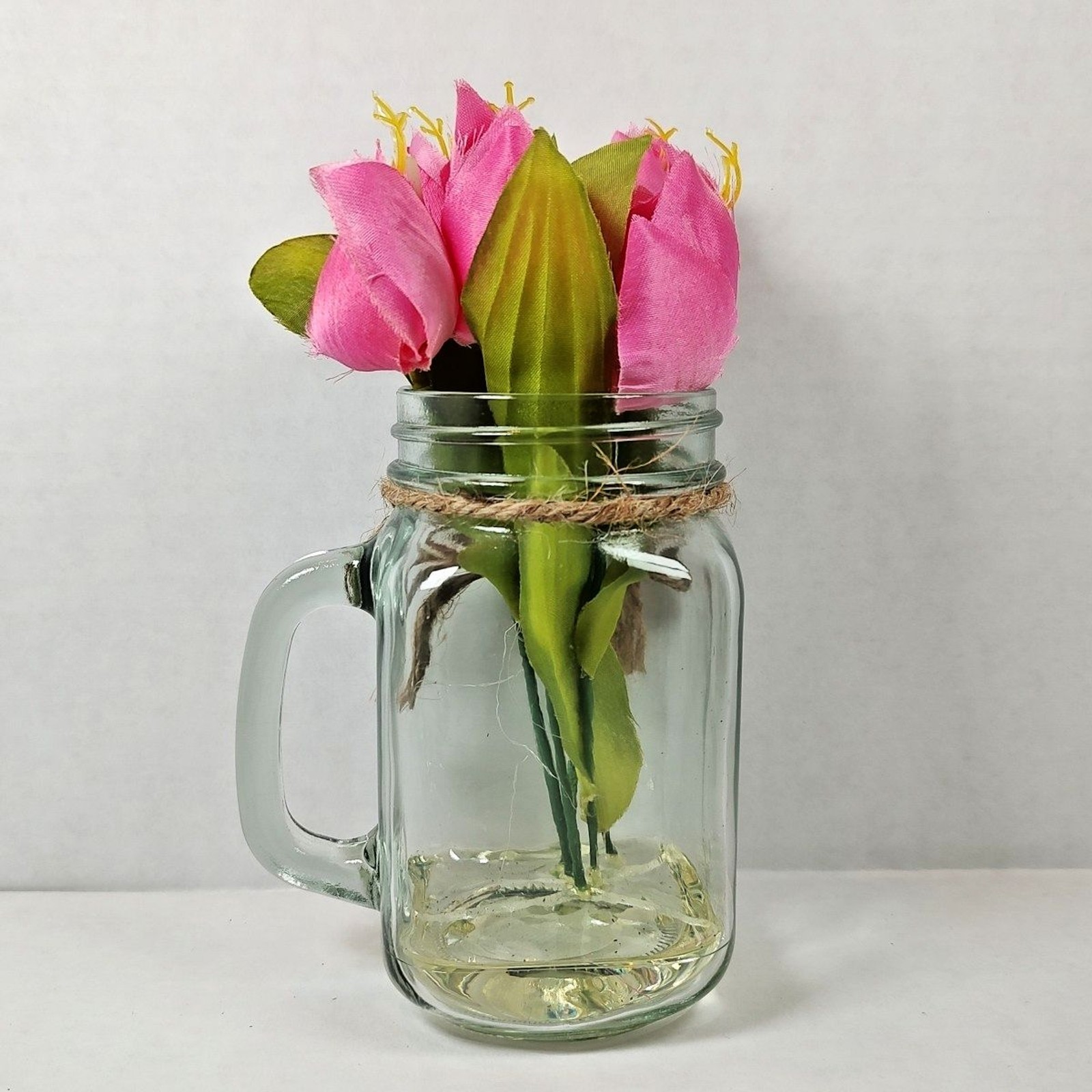 Artificial Flower Market Bouquet Arrangement Mason Jar Vase Glass w/ Handle New