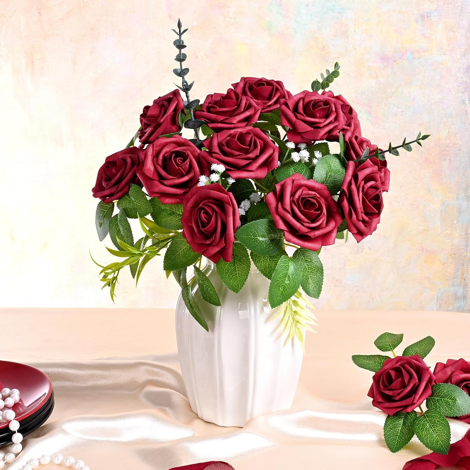 9 Pcs Artificial Flowers Fake Rose with Stems – Red Real Touch Foam Roses for DI