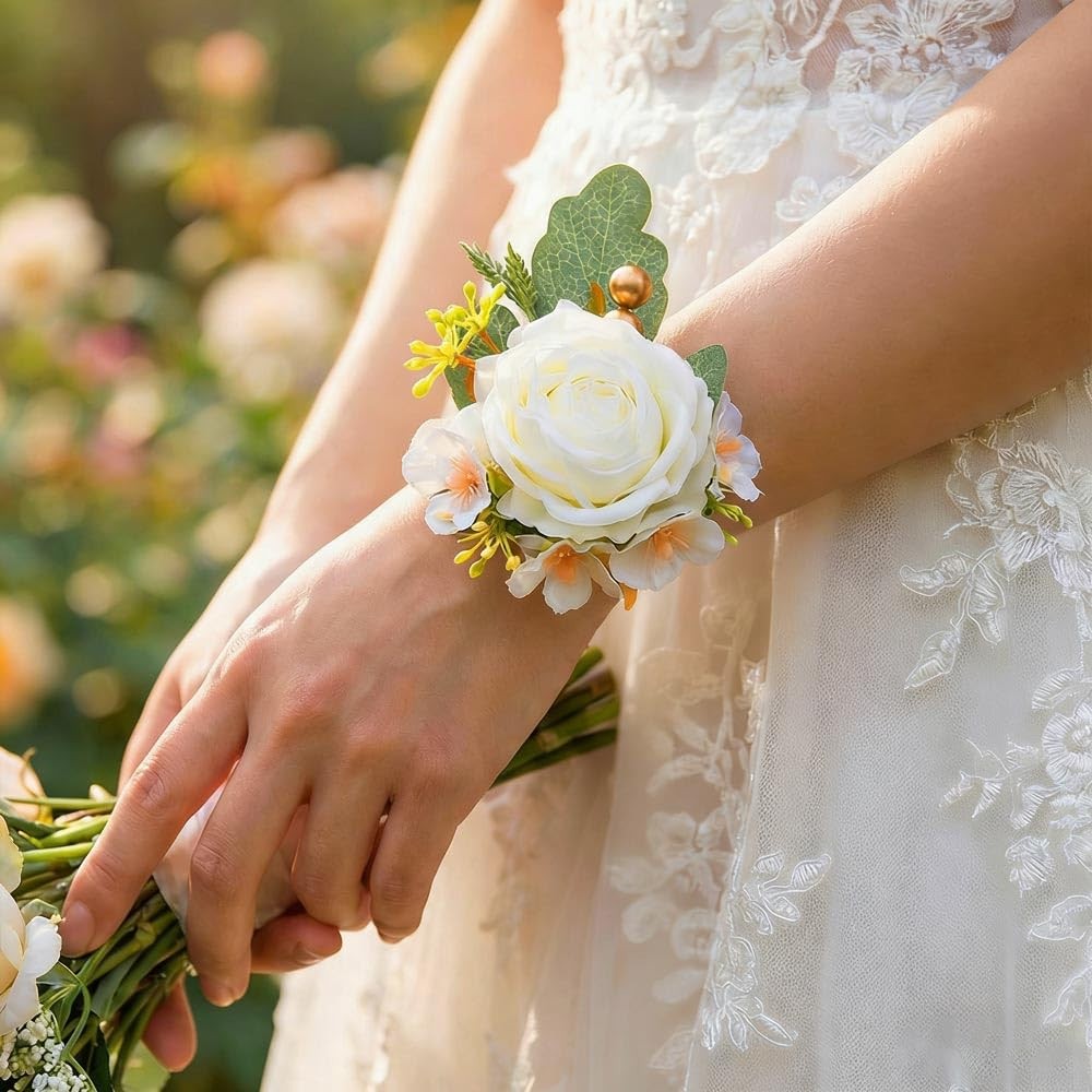 Rose Wrist Corsage Flower Prom Corsage Wristlet Women Girls Wedding White
