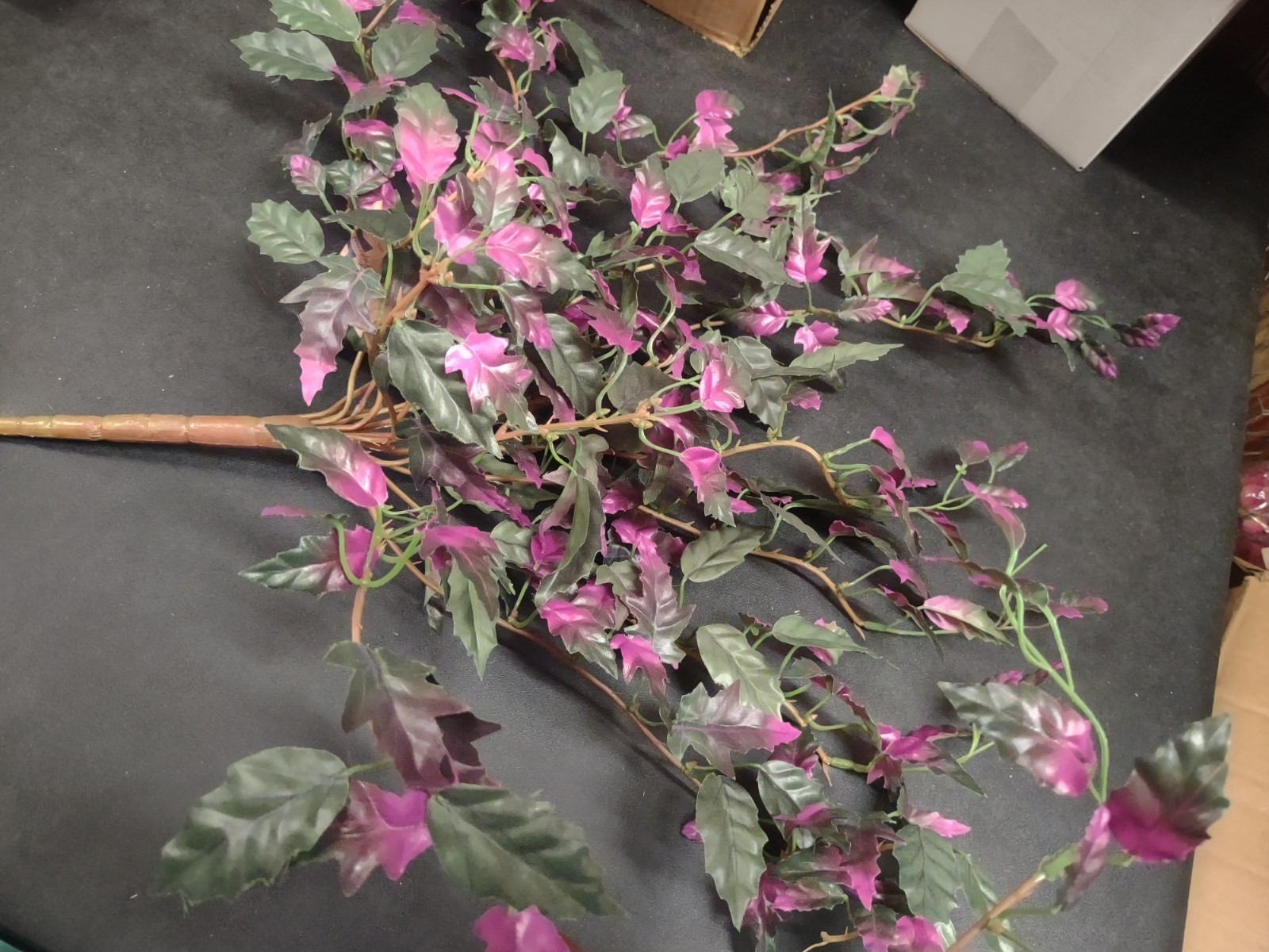 18″ Hanging Ivy Bush w/15 Wired Wood-Brown Branches, Purple & Green Silk Leaves