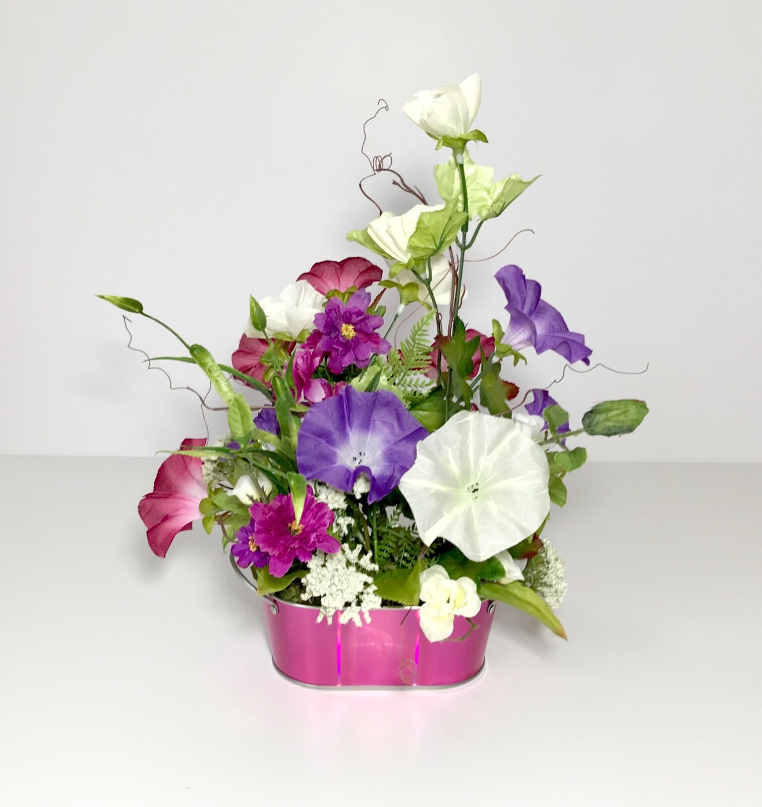 SMALL VARIETY FLORAL ARRANGEMENT NEON PINK METAL TUB SUMMER FLOWERS CENTERPIECE