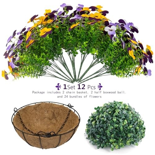 2 Set Artificial Pansy Flowers with Hanging Baskets – Silk Floral Decor for Spri