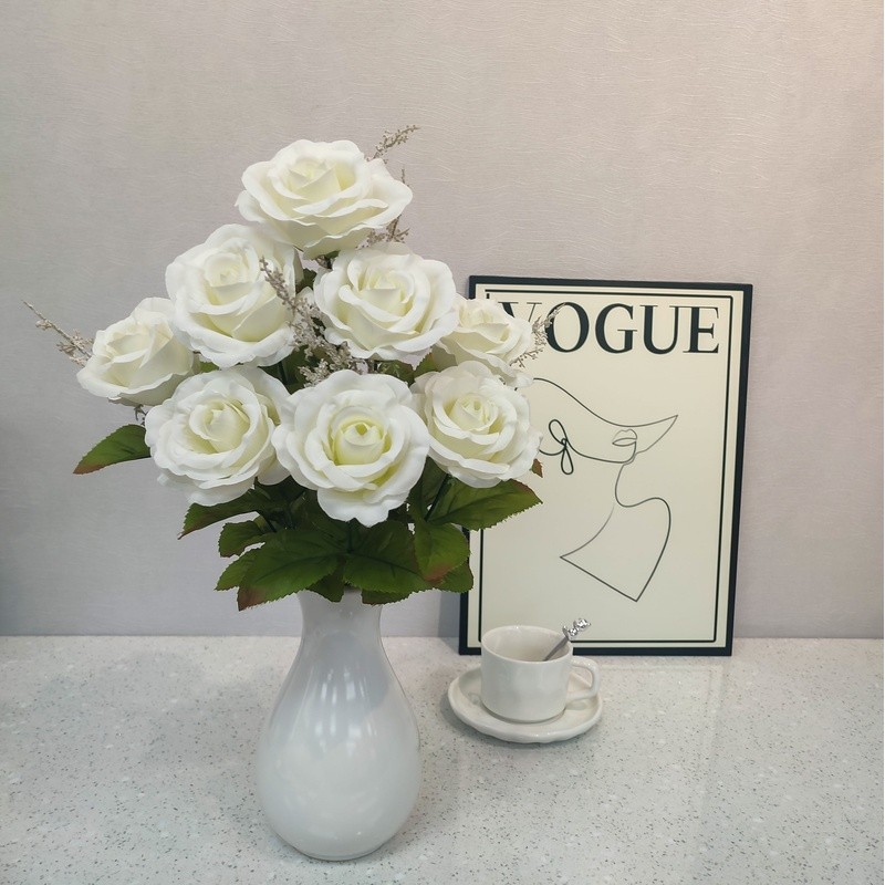 Artificial Rose Bush 17.5 Inch White Faux Flower Arrangement Home Decor Indoor