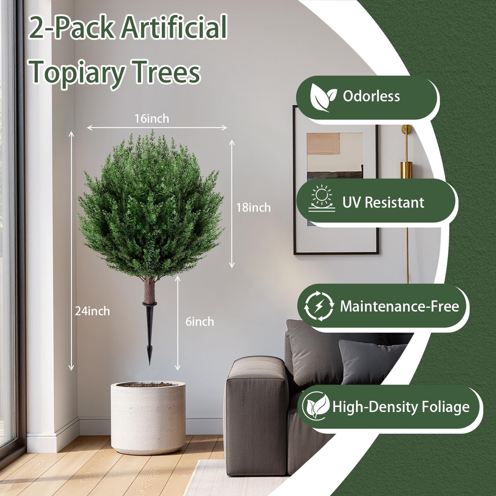 2 Pack 2FT Artificial Cedar Topiary Trees with Ground Spike, Fake Pine Shrubs…