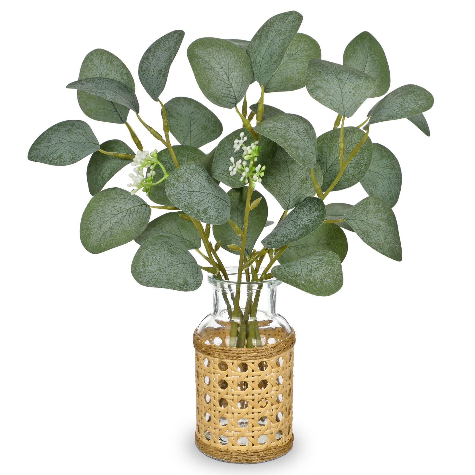 Artificial Eucalyptus Stems in Woven Glass Vase with Faux Water, 11.8″ Fake P…