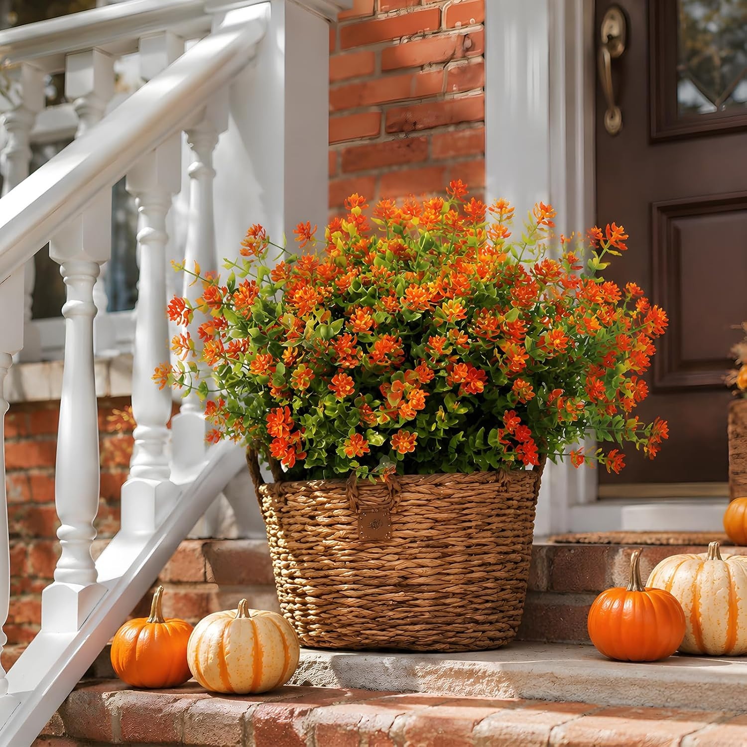 24 Pcs Artificial Mums for Outdoors, Fall Flowers (Orange Red) | No Fade Fake Pl