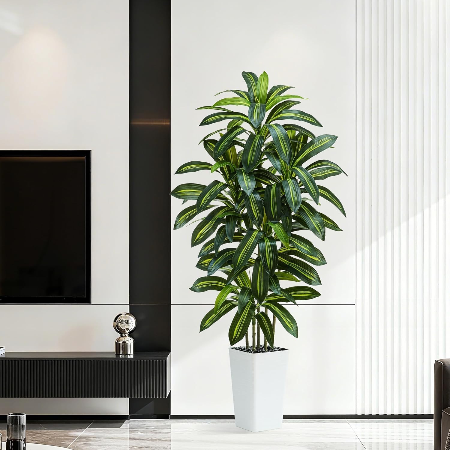 Weather Resistant 6FT Dracaena Tree with Decorative Pebbles – All-Season Appeal