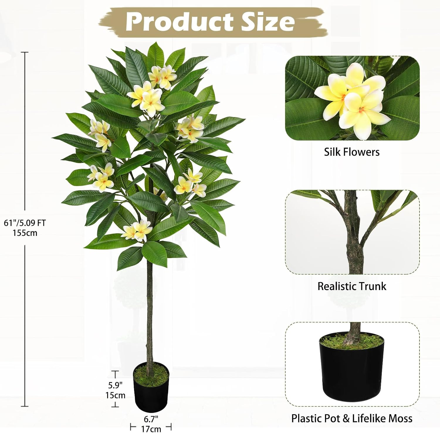 Artificial Plants Indoor 5.09Ft Fake Tropical Plumeria Flowers Tree in Black Pot