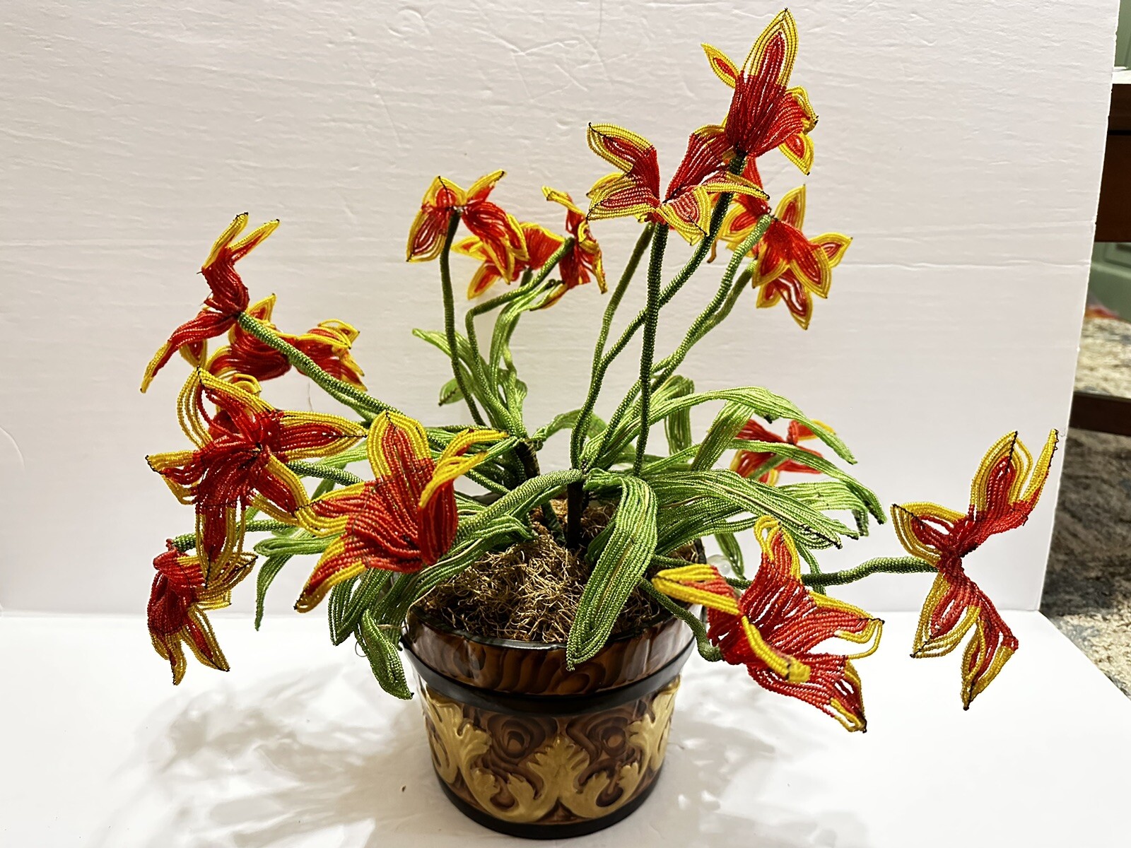 Vintage Beaded Red/yellow Orchid Flowers For Bonwit Teller Made In Italy