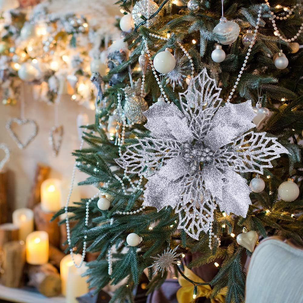 24 Pcs Christmas Silver Glittered Mesh Holly Leaf Artificial Poinsettia Flowers