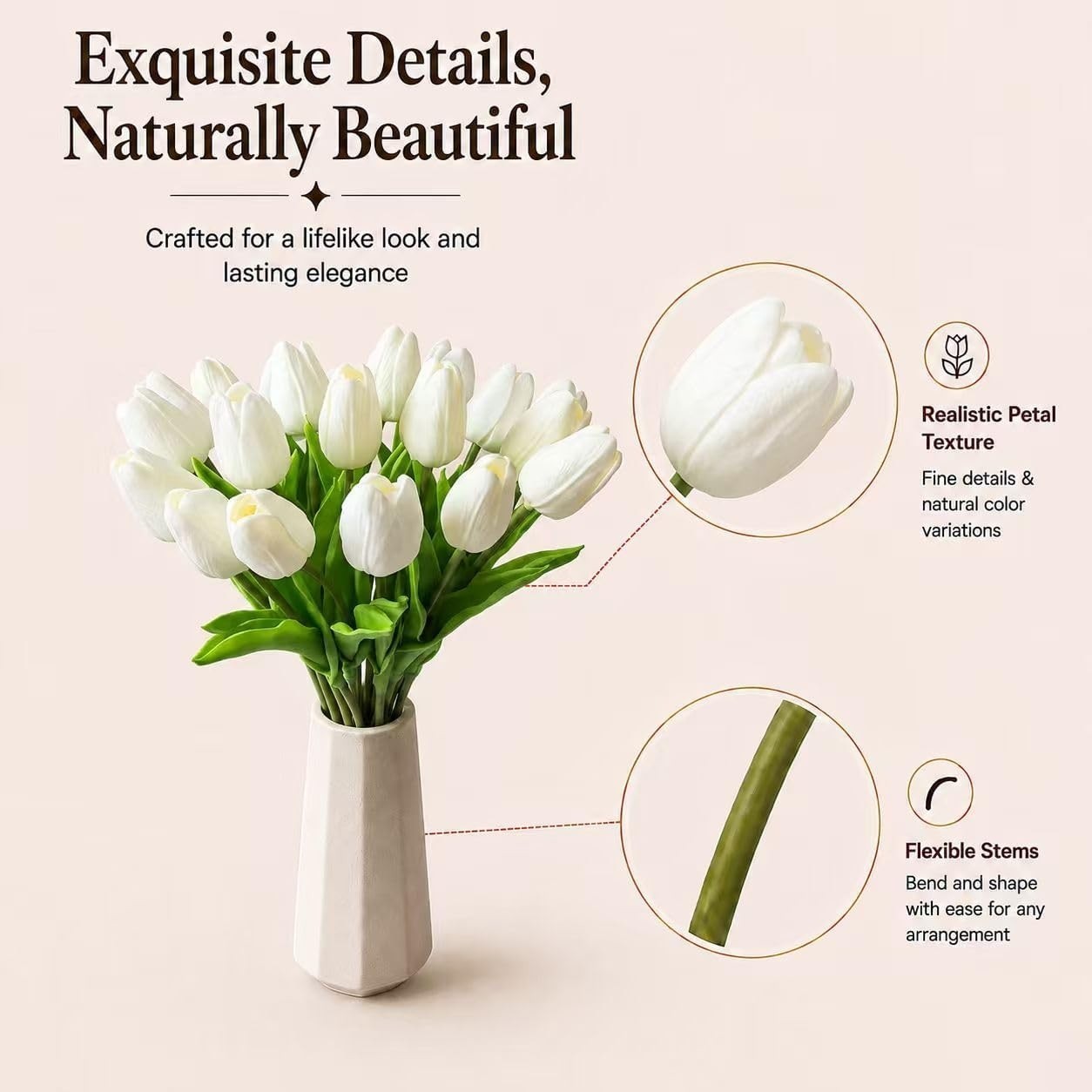 20 Flores De Tulipanes Artificiales, Flores De Tacto Real, Tulipan PU Blanco NEW