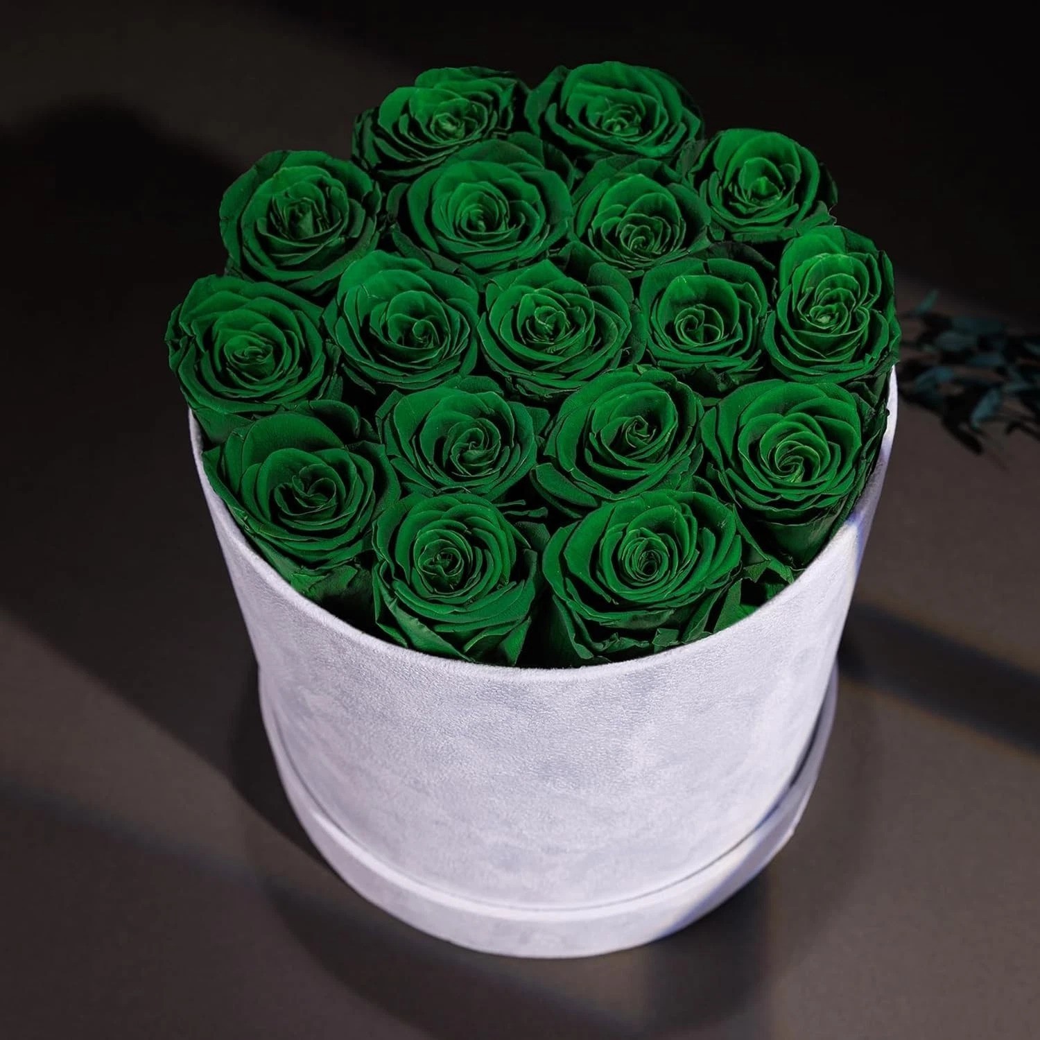 Handcrafted 17 Preserved Roses in Dark Green Suede Box – Effortless Elegance