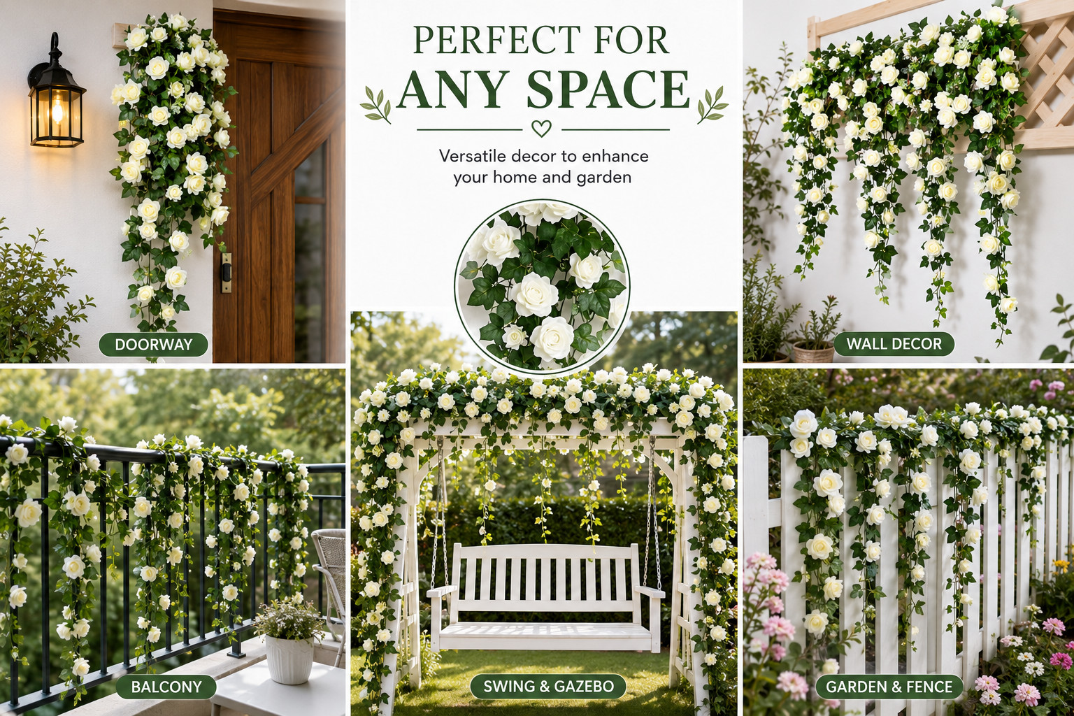90cm White Artificial Rose Hanging Vine Fake Flower Garland Home Garden Decor