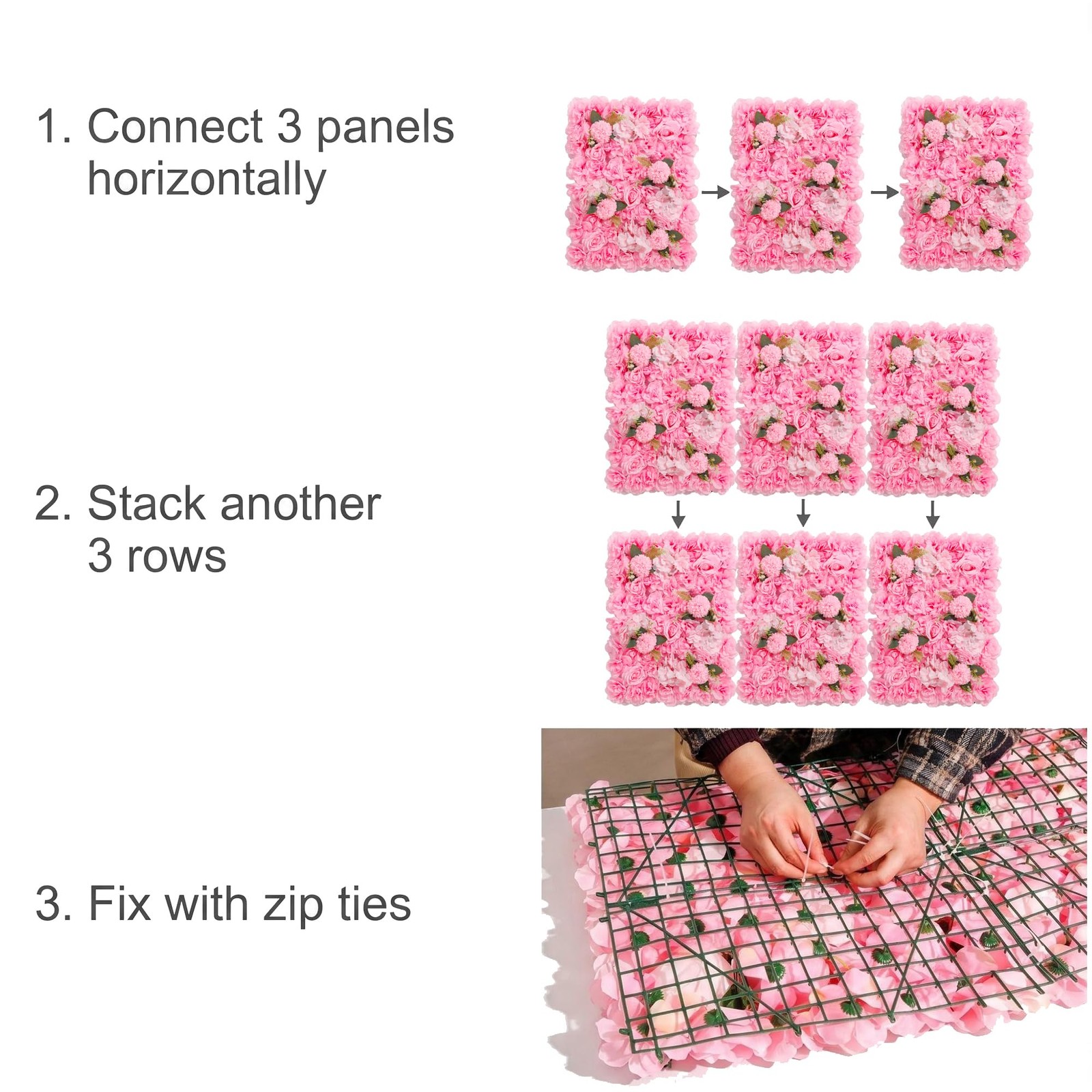 3D Flower Wall Backdrop – 6Pcs 16×24 Inch Artificial Rose Panels Pink Silk Fl…