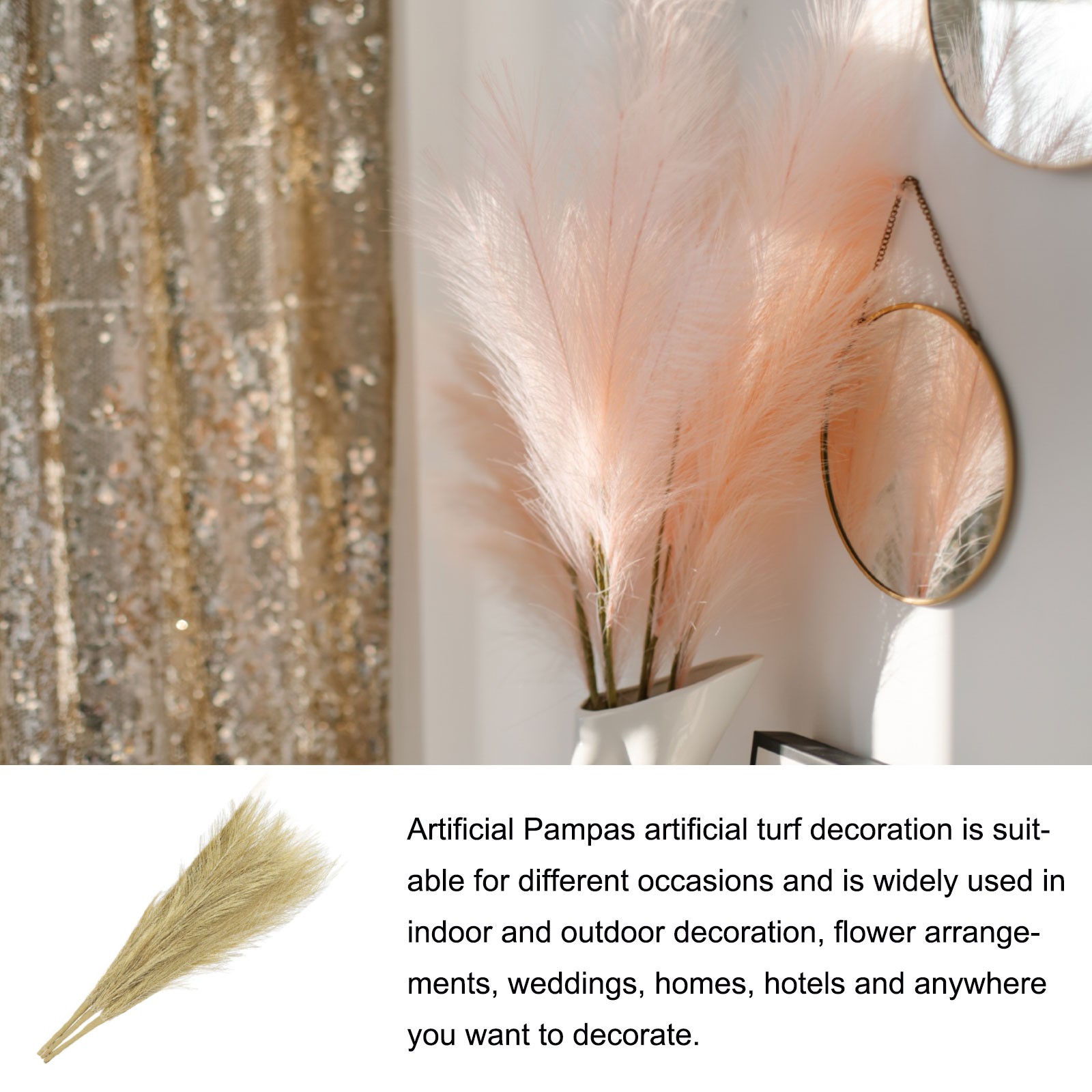 Faux Pampas Grass Fake Pampas Grass Decor, 17.7″/45cm / Golden / 3 Pcs