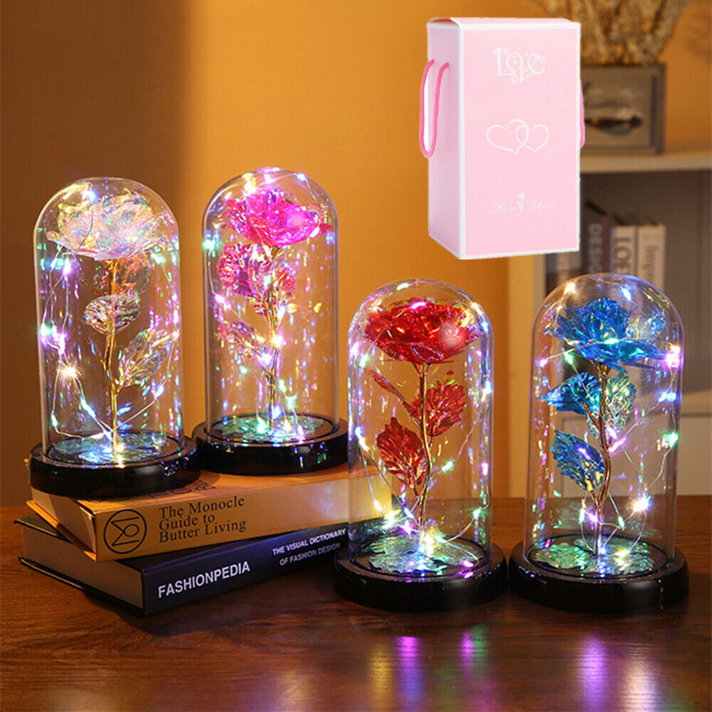 US Rose Flower Gifts for Women Colorful Artificial Rose Light Up in A Glass Dome