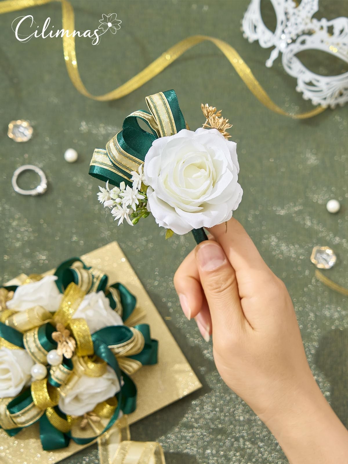 Prom Corsage Boutonniere Set Artificial Silk Ivory Rose Dark Green Ribbon