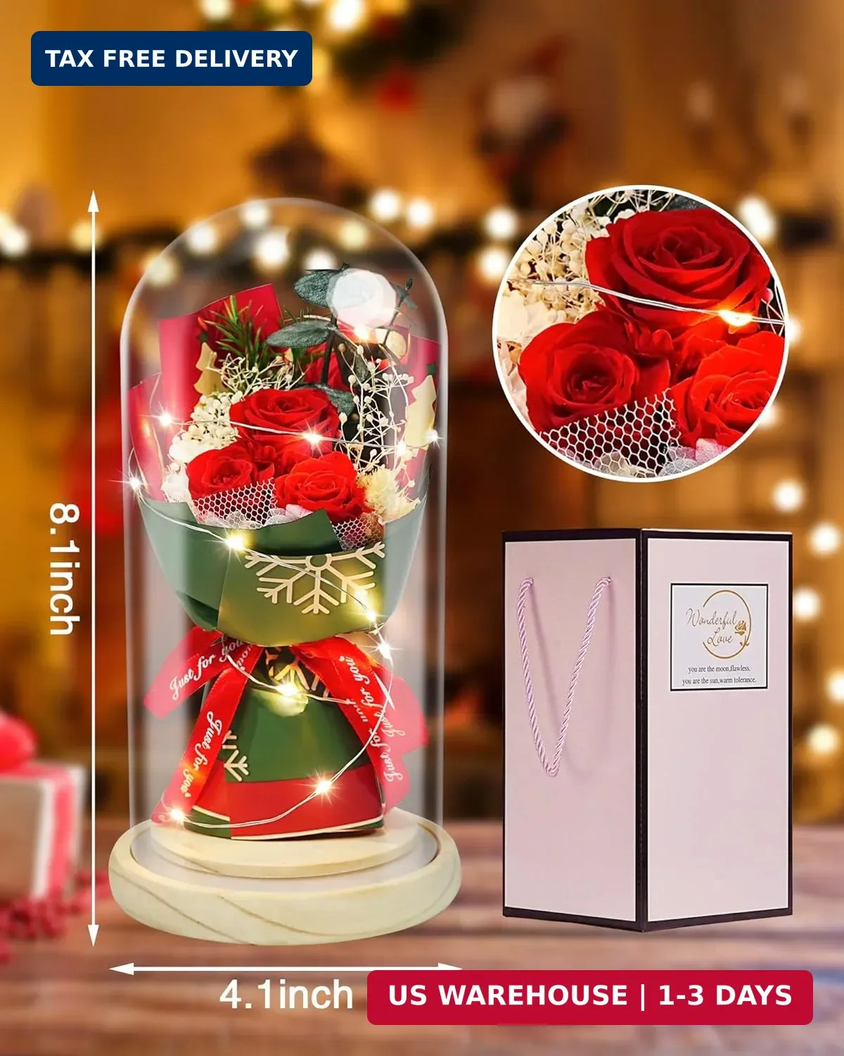 HVY Christmas Day Gifts for Women,Preserved Flowers Bouquet in Glass with LED Li