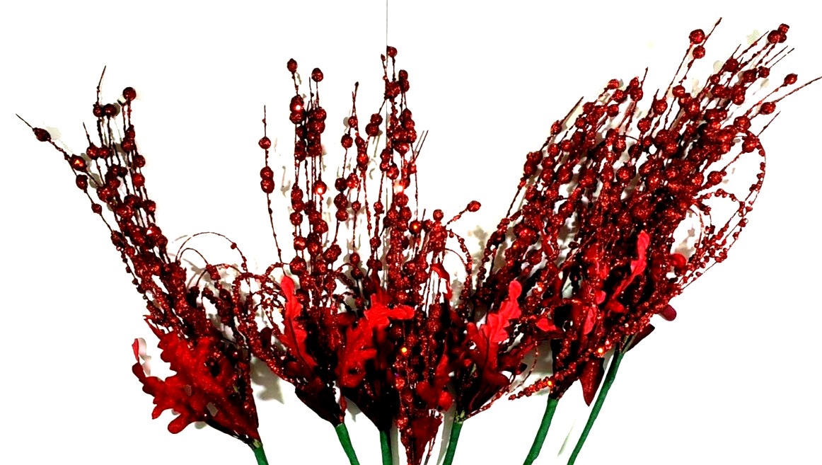 Red Glittered Velvet Leaf & Ball Picks Very Glittery 18″ Tall Set of 7