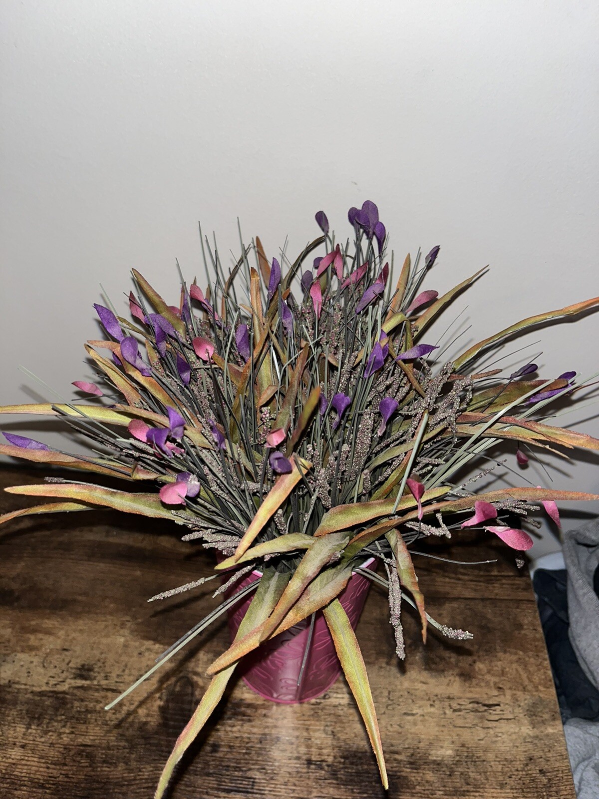 Artificial Purple Pink Flower Arrangement, Pink 9” Metal Vase Planter Home Decor