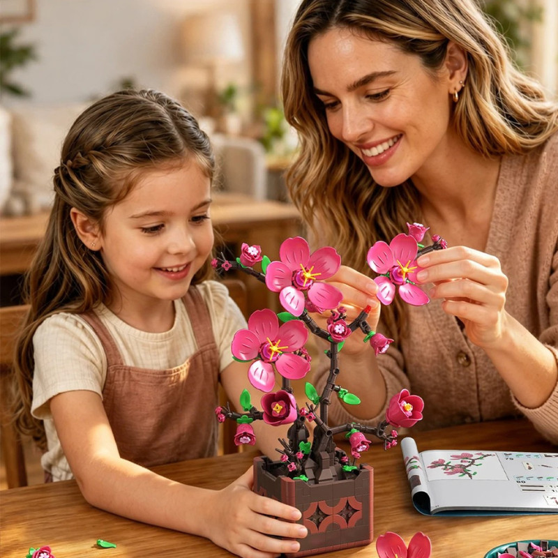 Pink Peach Blossom Potted Plant Building Block Set Diy Flower Model Decoration