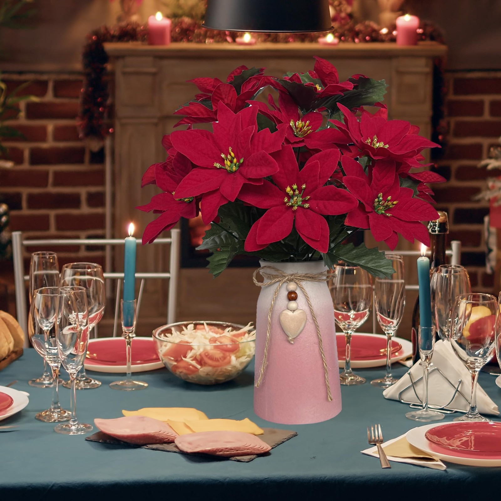 Red Artificial Poinsettia Faux Christmas Flower Arrangement Pink Vase Decor