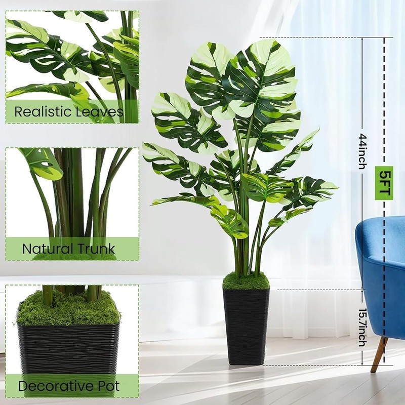 5ft Faux Monstera Tree Realistic Leaves Indoor Outdoor Decor No Maintenance New