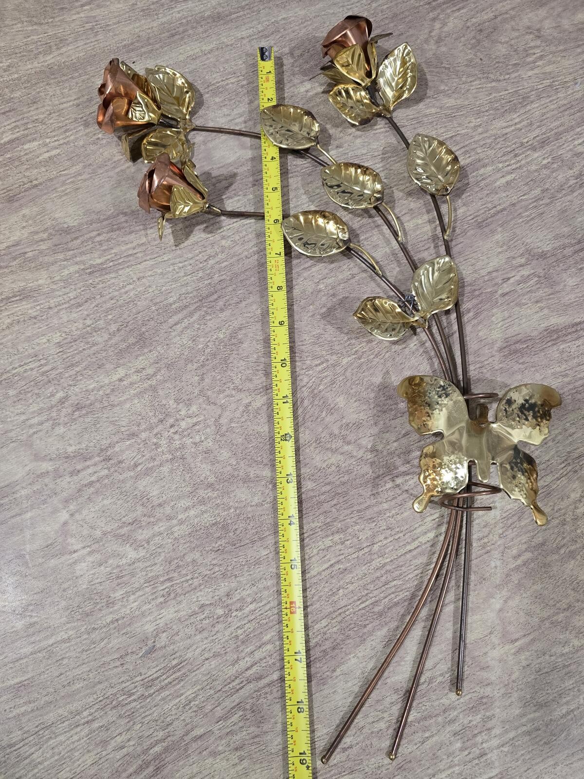 Vintage MCM Brass Rose Bouquet Wall Art with Butterfly Accent 19in Homeco 1970s