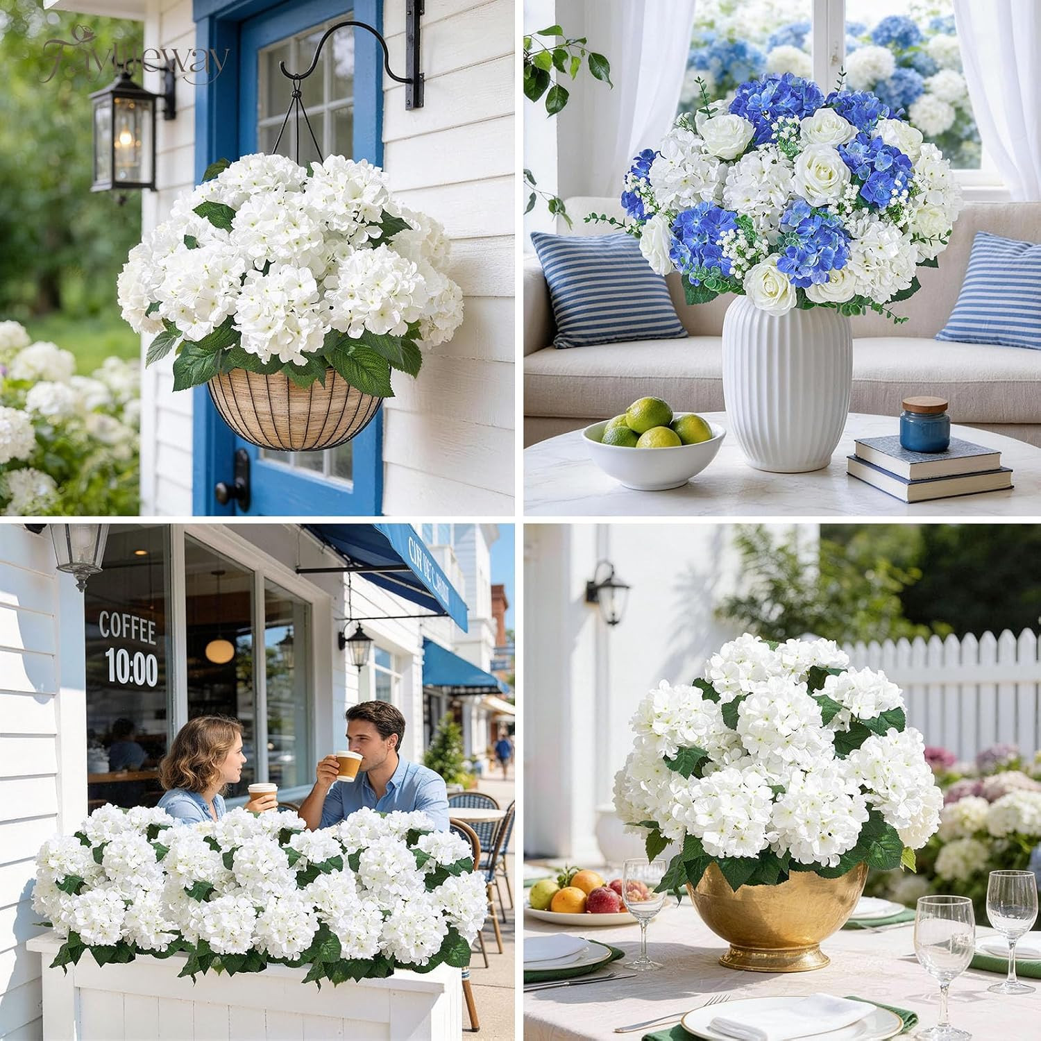 UV Resistant Faux Hydrangea Flowers – 12 Heads for Outdoor Decor (White)