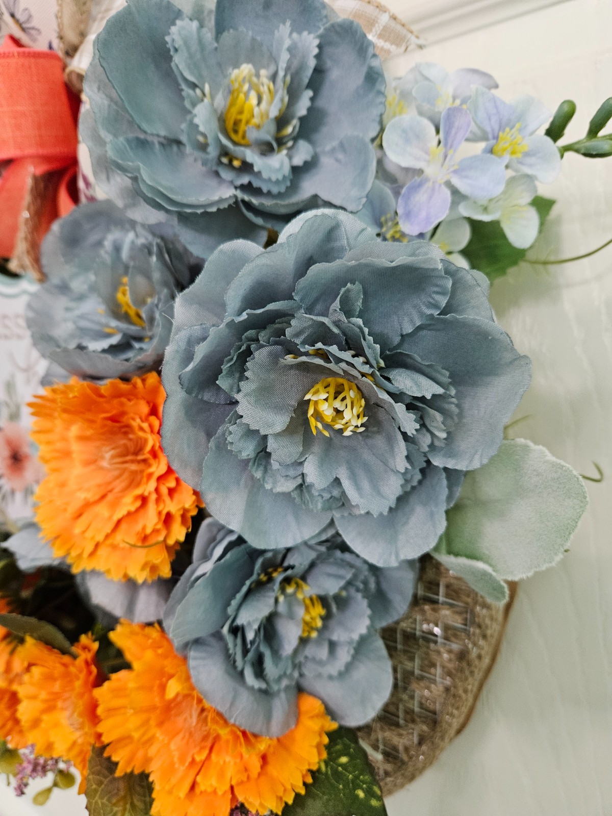 Fall Orange and Blue Blessing Basket Wreath, Faux Florals Flowers