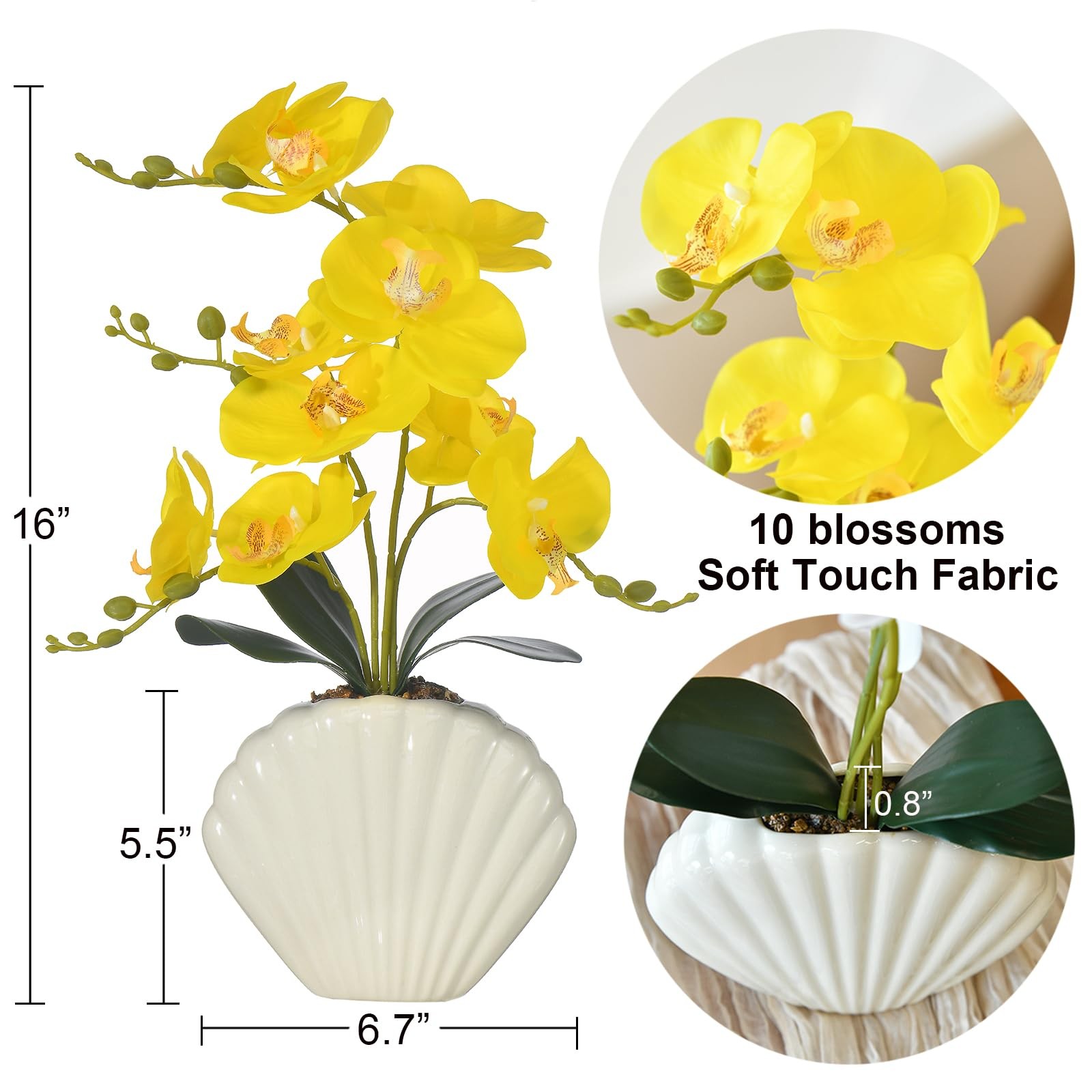 Artificial Phalaenopsis Orchid Plant Seashell Pot 16 Inch Faux Silk Yellow