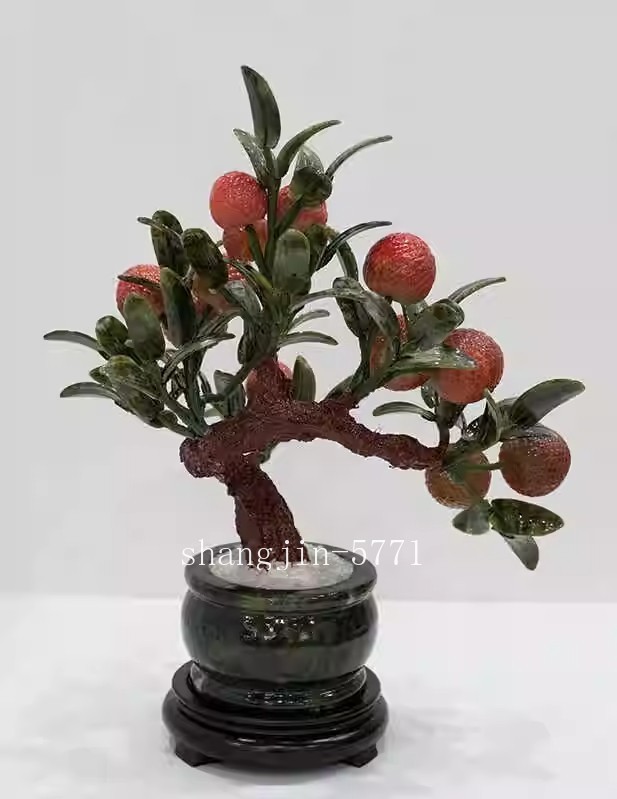 Natural Jade Stone Litchi Bonsai Tree Fruit Plant Feng Shui Home Office Decor