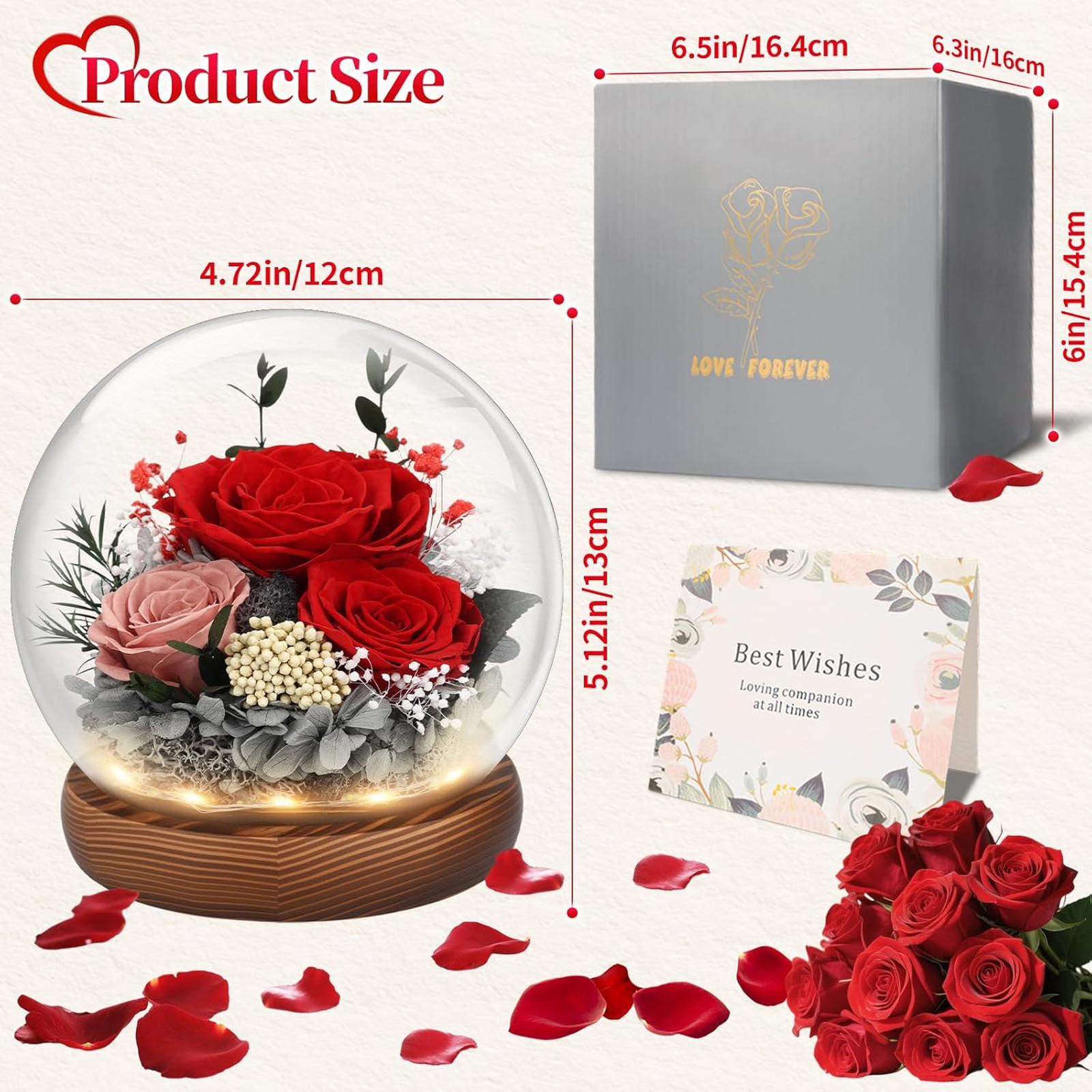Preserved Flowers for Delivery, Eternal Rose with LED Glass Dome, Gifts for Mom