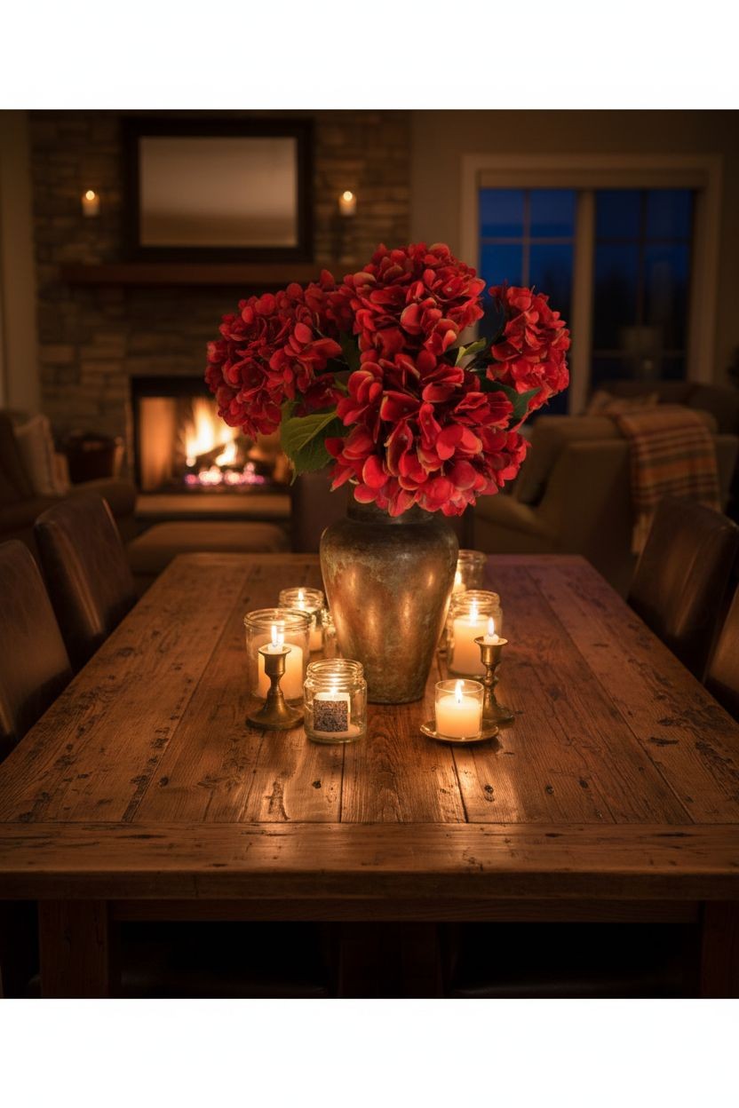 Red Artificial Hydrangea Stem Silk Flower Deep Red Faux Floral Wedding Decor