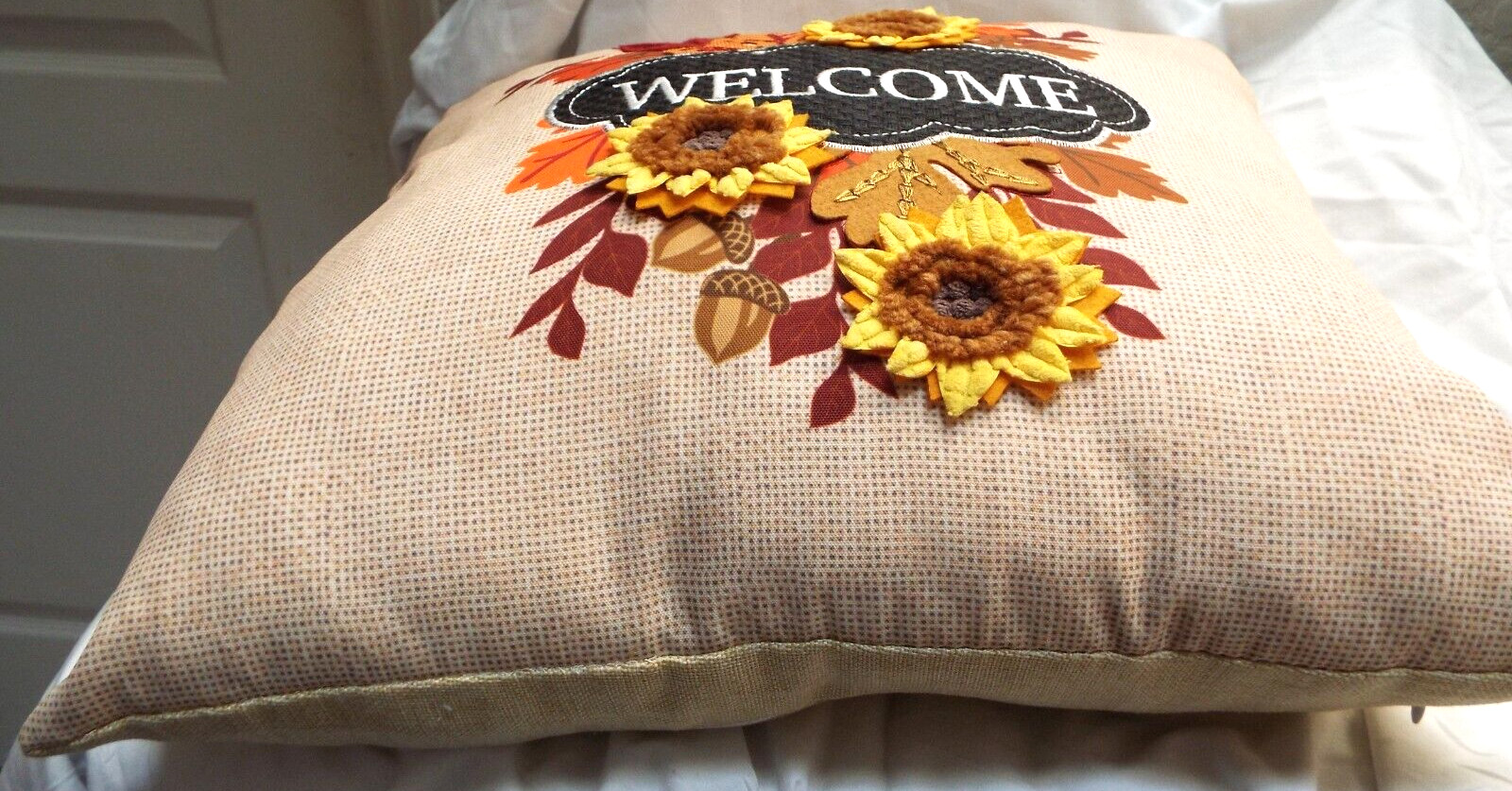 Welcome Throw Pillow 16″ x 16″ 3D Floral Leaves & Sunflower Design NEW