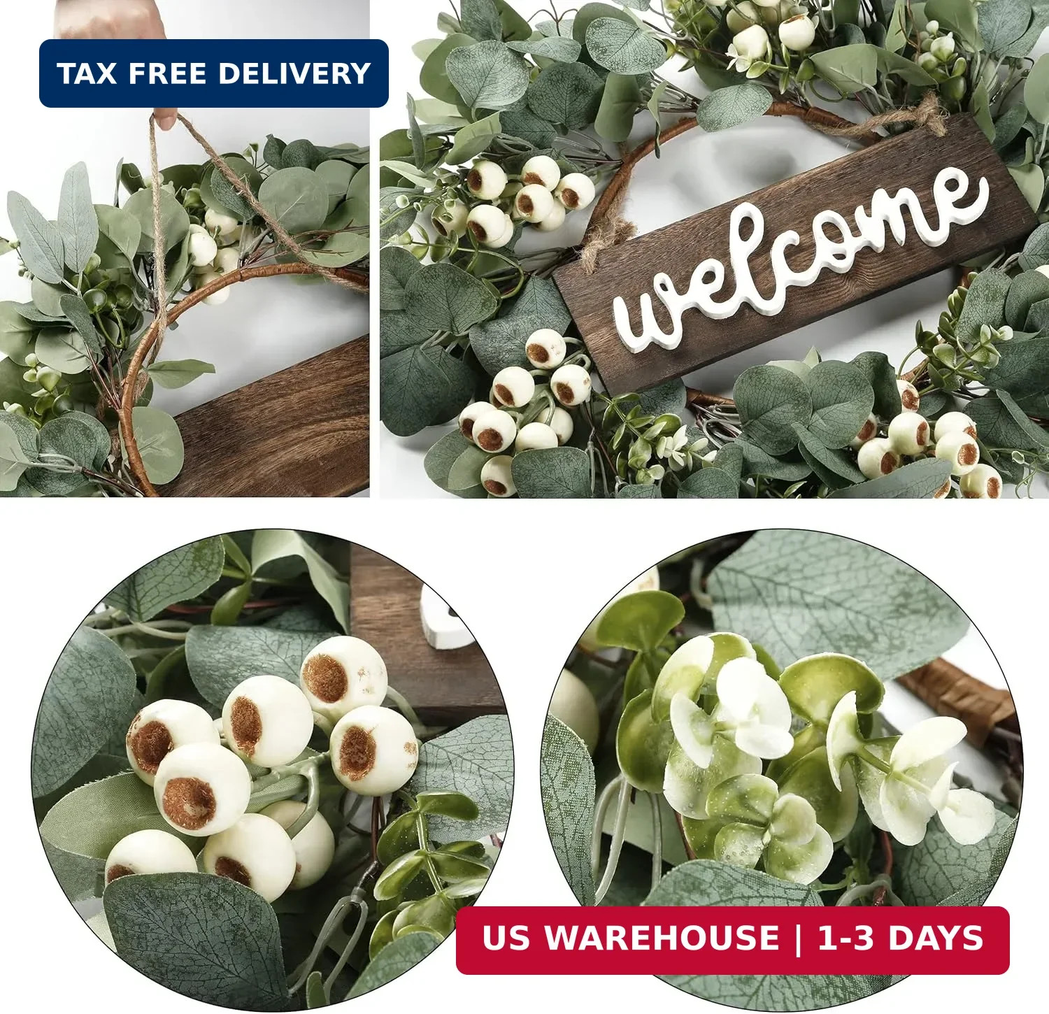 Sggvecsy Green Artificial Eucalyptus Wreath with Welcome Sign 20in Spring Summer