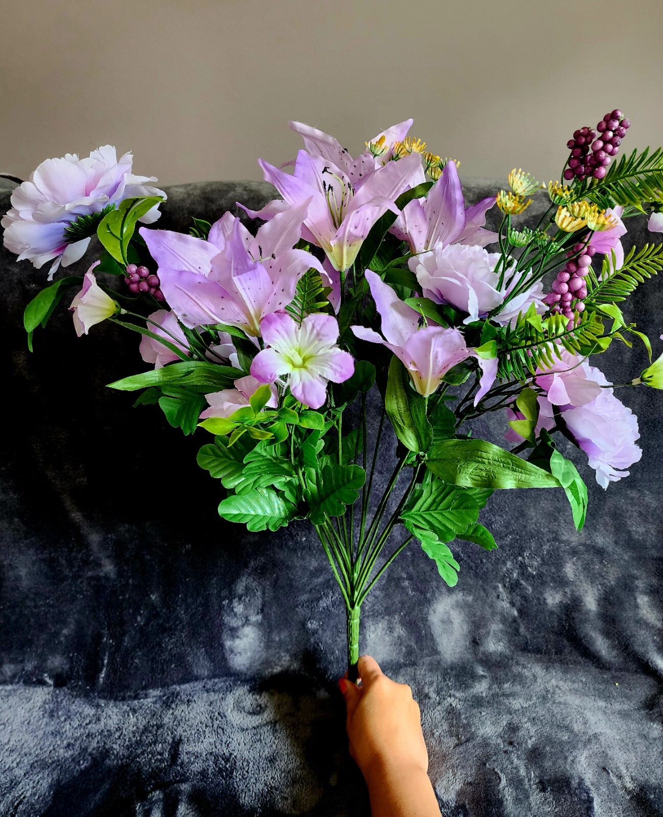 NWT spring summer blooming purple, yellow peony & tiger lily floral spray, 26″