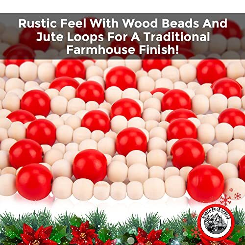9 Foot Red & Natural Wood Bead Ball Christmas Garland | Wooden Christmas Tree