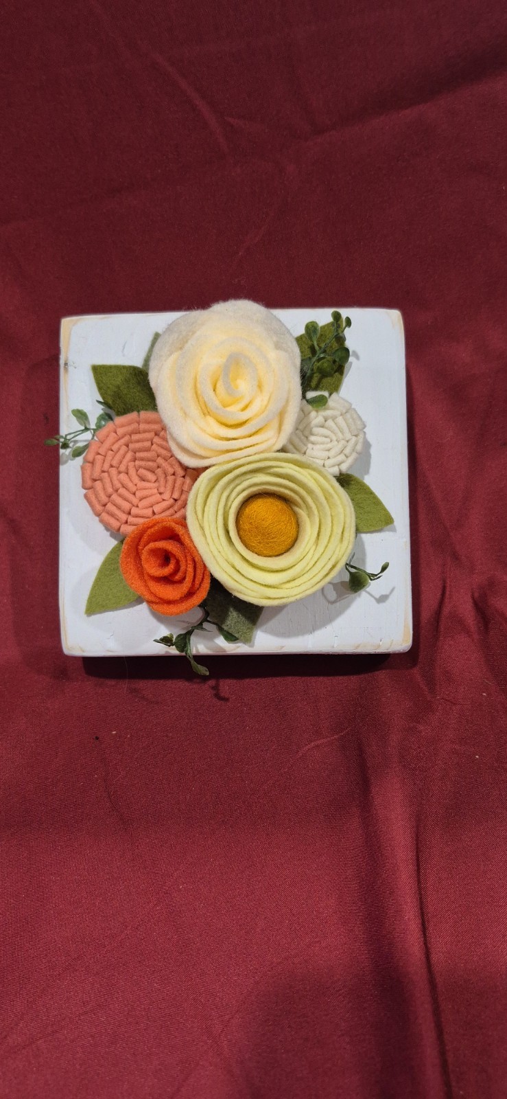 NEW Artisan Made Fiber Art 5×5 Felt Flower Leaf Orange Yellow Boho Cottage Core